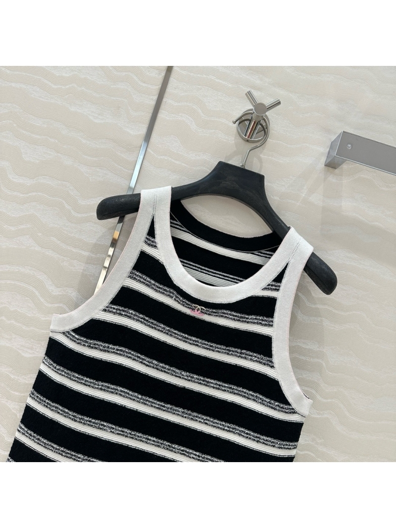 Chanel Coco 25S Spring/Summer Striped Knit Tank Top with Metallic Accents Black