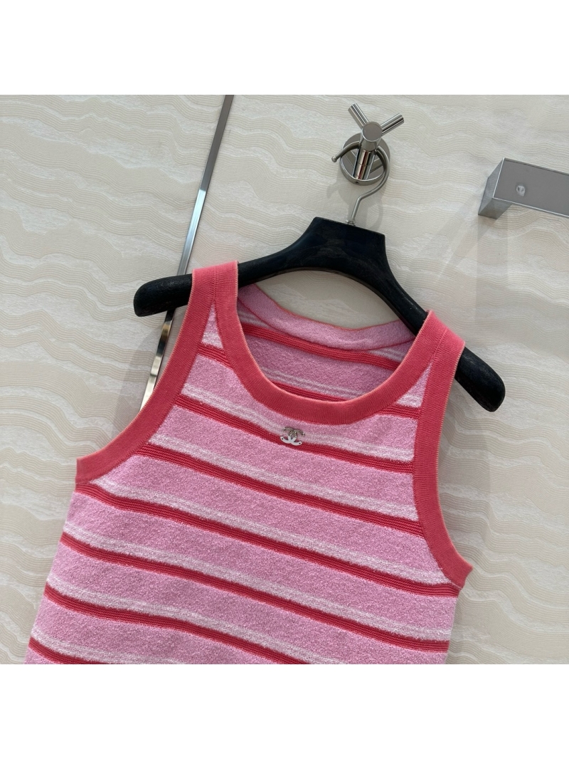 Chanel Coco 25S Spring/Summer Striped Knit Tank Top with Metallic Accents Pink
