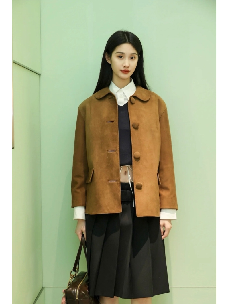 Prada 2025 Early Spring Suede Lambskin Jacket with Peter Pan Collar Brown