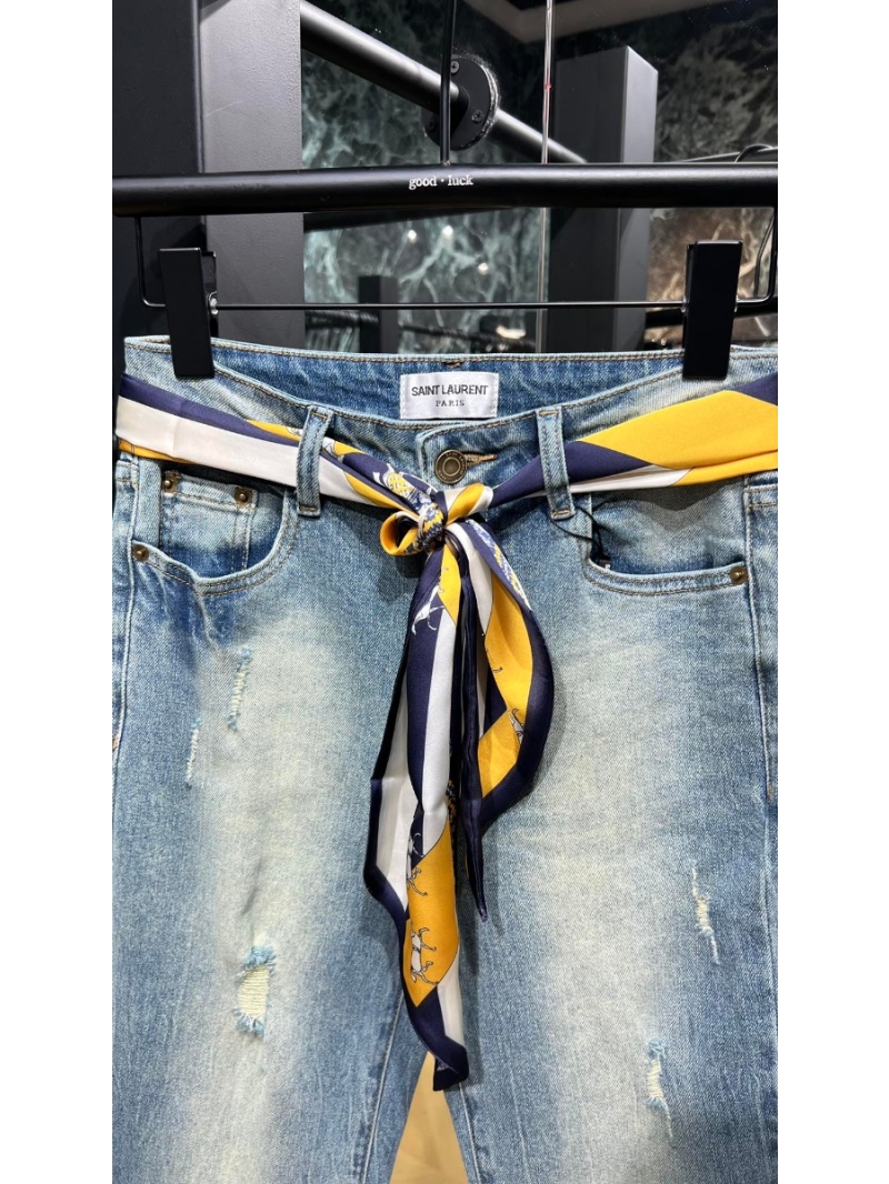 Saint Laurent YSL 24 Pre-Fall Collection Embroidered Flared Denim Pants with Scarf Belt - Blue