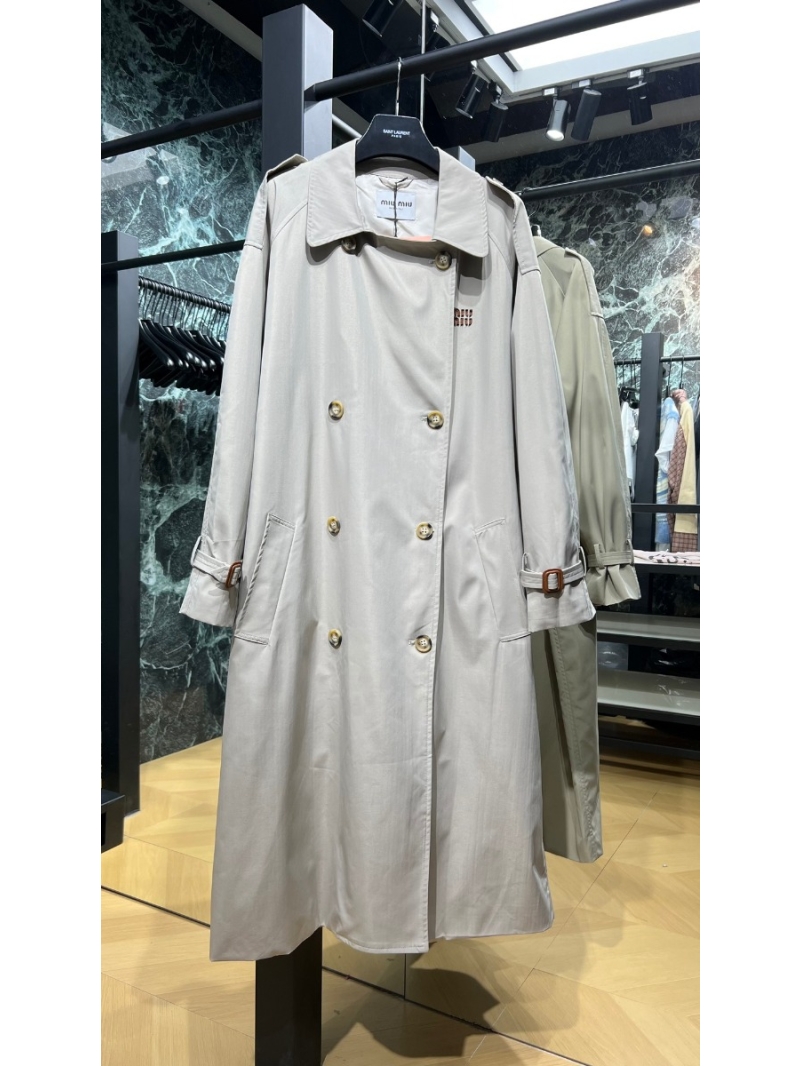 Miu Miu 24 Pre-Fall Collection Double-Breasted Long Trench Coat - Beige
