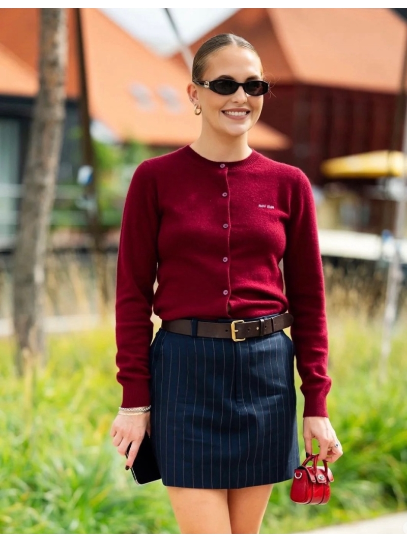 Miu Miu Early Fall New Collection Stylish Color-Block Letter Cashmere Cardigan Dark Red