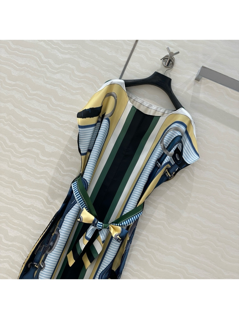 Hermes Spring/Summer 2025 Coaching Remix Silk Kaftan Dress Multocolor Blue