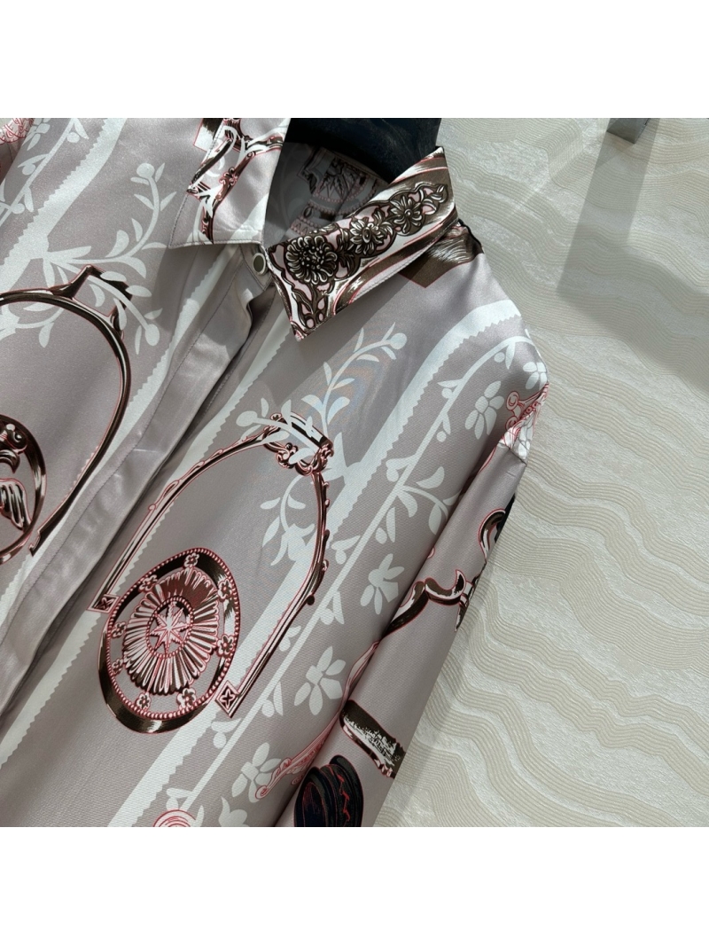 Hermes Floral Stirrup and Chain Print Silk Shirt Pink Grey