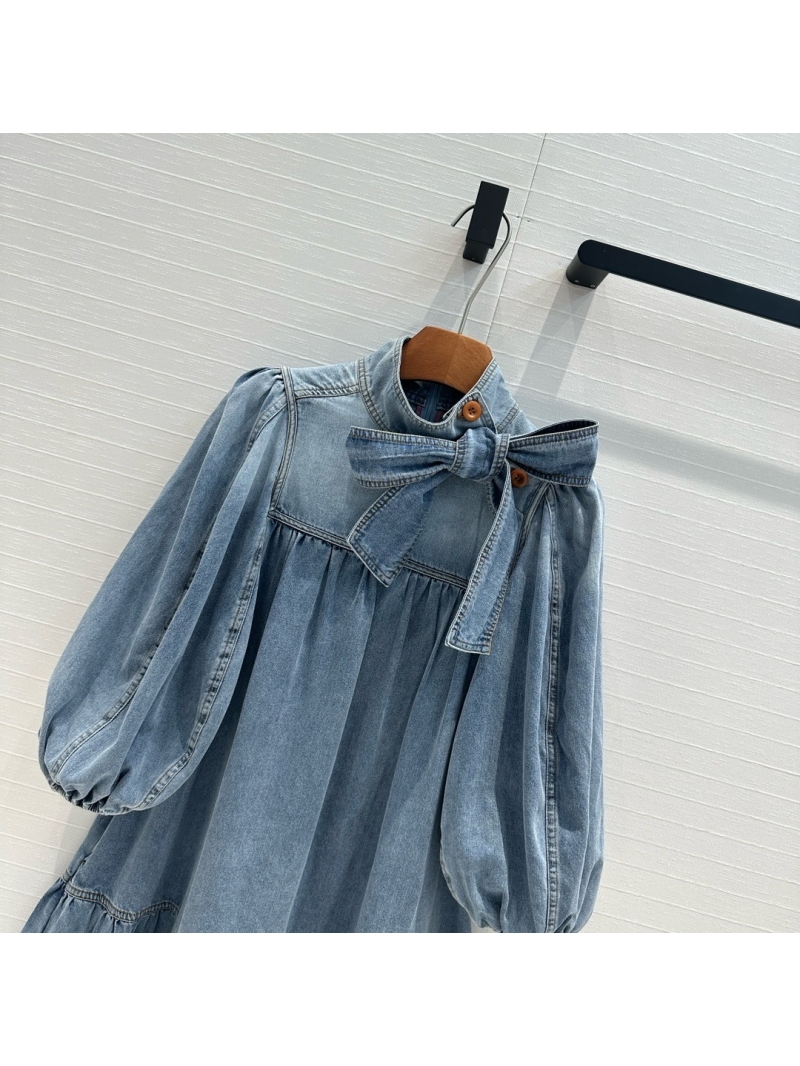 Zimmermann 24SS Holiday Collection Bow-Tie High Collar Denim Dress