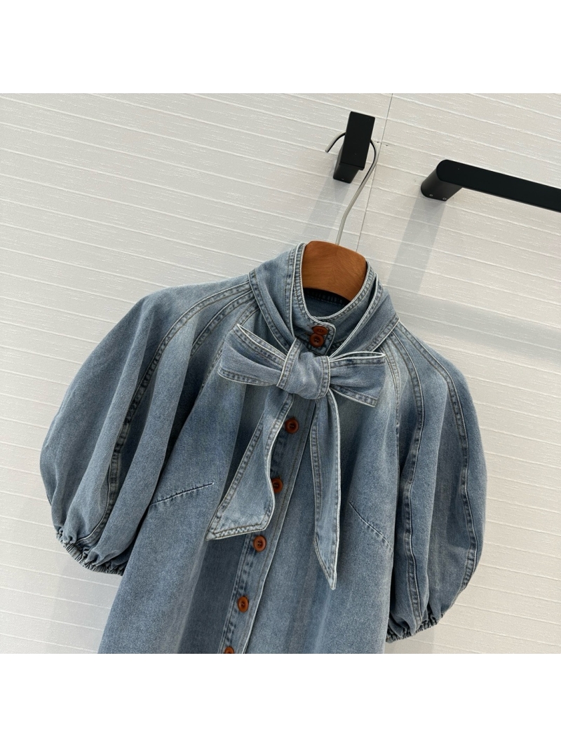 Zimmermann 24SS Holiday Collection Bow-Tie High Collar Denim Shirt