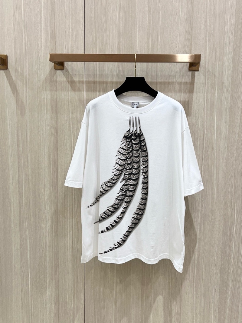 LOEWE Feather Print Cotton T-Shirt with Anagram Embroidery