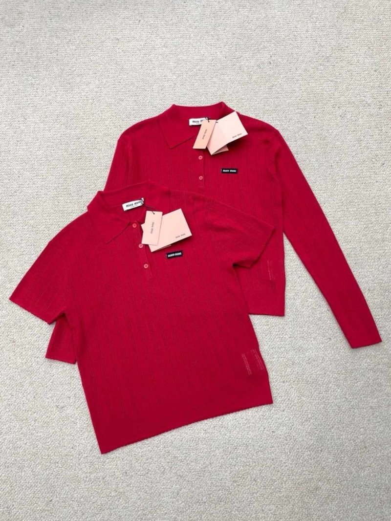 Miu Miu Early Spring 2025 Cashmere Red Ribbed Knit Logo Polo Shirt
