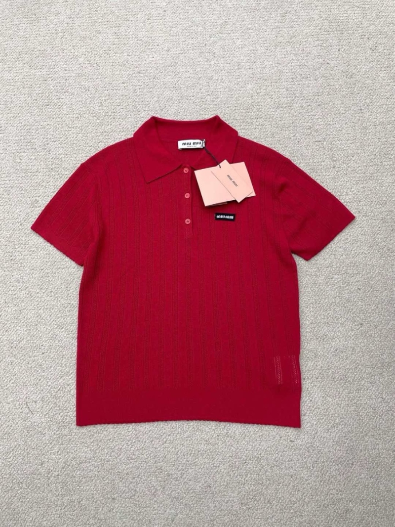Miu Miu Early Spring 2025 Cashmere Red Ribbed Knit Logo Polo Shirt Short Sleeves