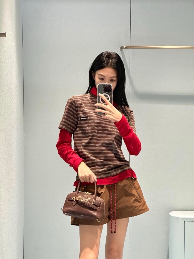 Miu Miu Early Spring 2025 Brown Striped Cotton T-Shirt with Logo Patch