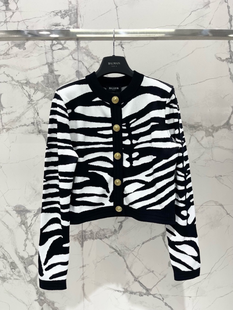 Balmain Black and White Striped Shoulder Pad Cardigan