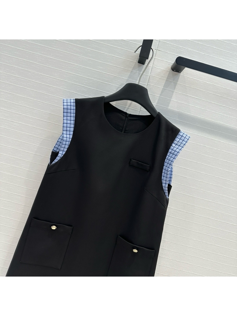 Miu Miu Spring/Summer 2024 Collection: Blue Plaid Patchwork Cap Sleeve Dress Black