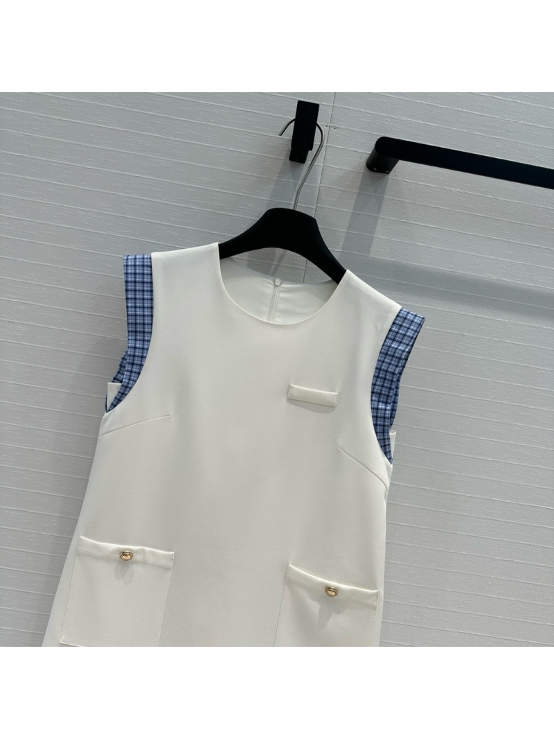 Miu Miu Spring/Summer 2024 Collection: Blue Plaid Patchwork Cap Sleeve Dress White