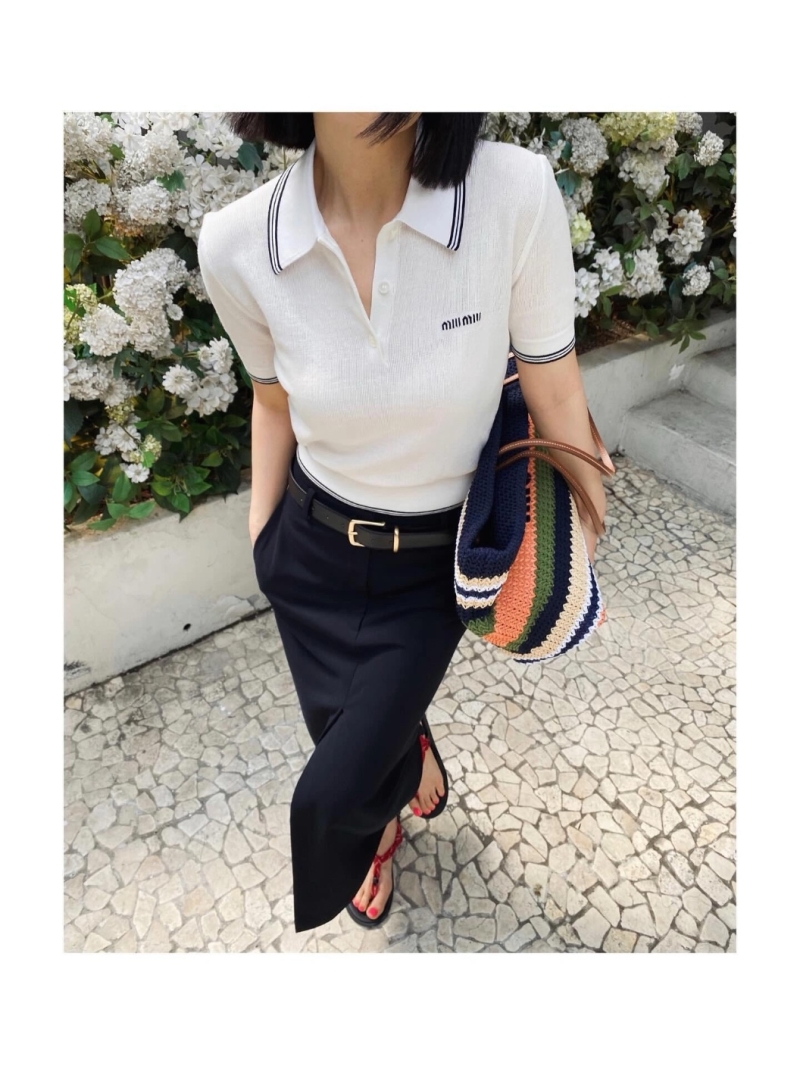Miu Miu 2024 Contrast-Collar Cotton Knit Polo Shirt