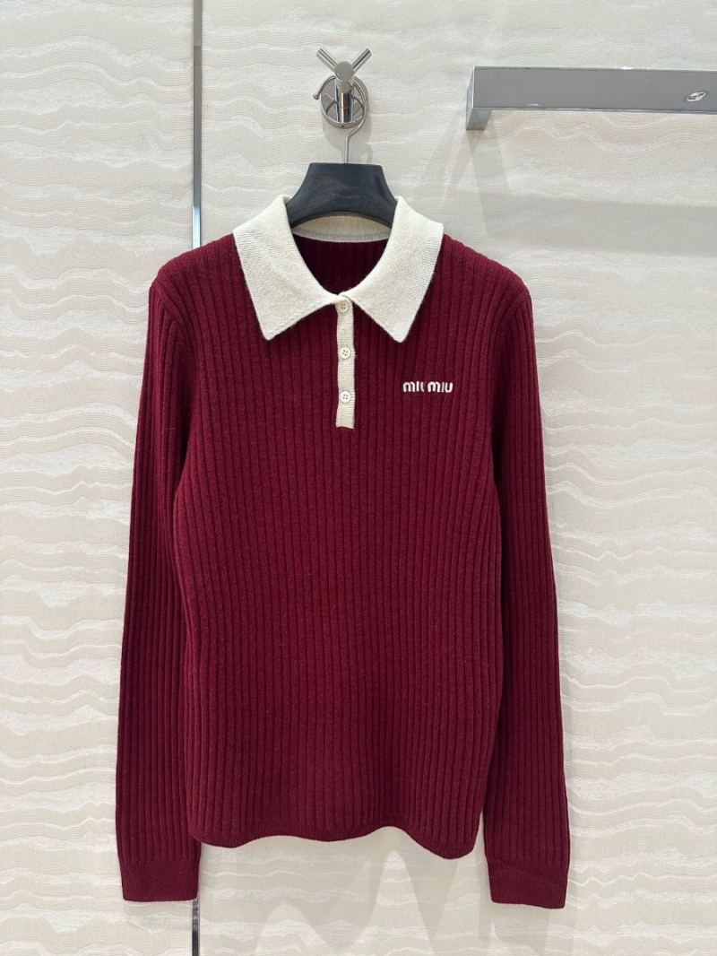 Miu Miu Spring 2025 Cashmere Burgundy Ribbed Polo Knit Collar Sweater