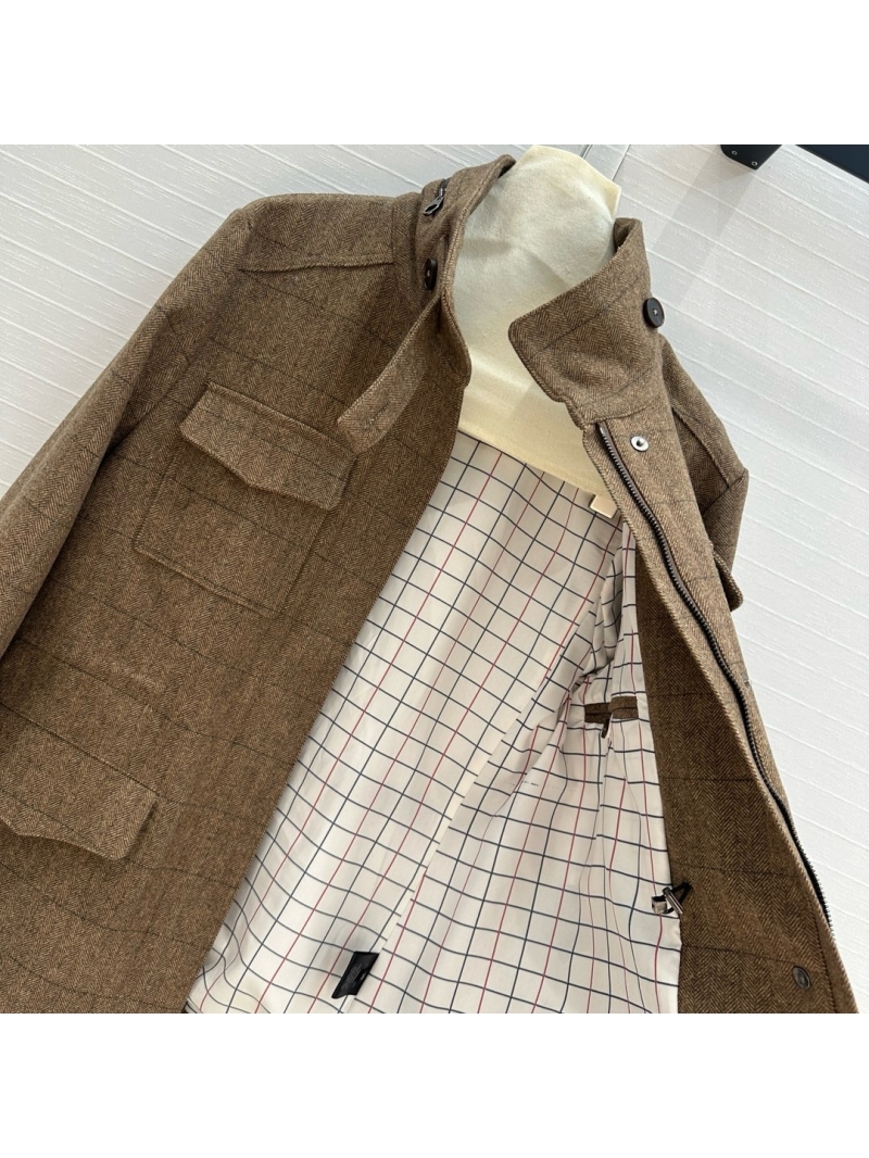 Loro Piana Traveler Herringbone Check Wool Coat with Plaid Lining