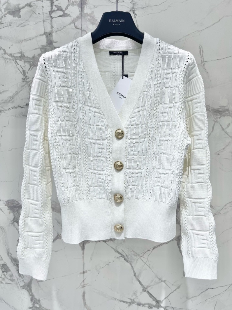 Balmain Sequin Embellished V-Neck Knitted Cardigan White