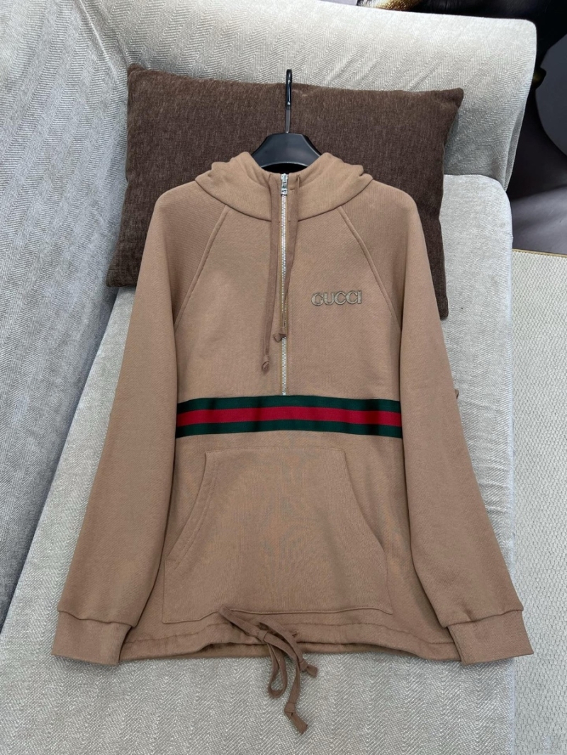 Gucci 24FW Autumn/Winter New Collection Elegant Embroidered Logo Hooded Sweatshirt Dress with Red-Green Stripes - Beige