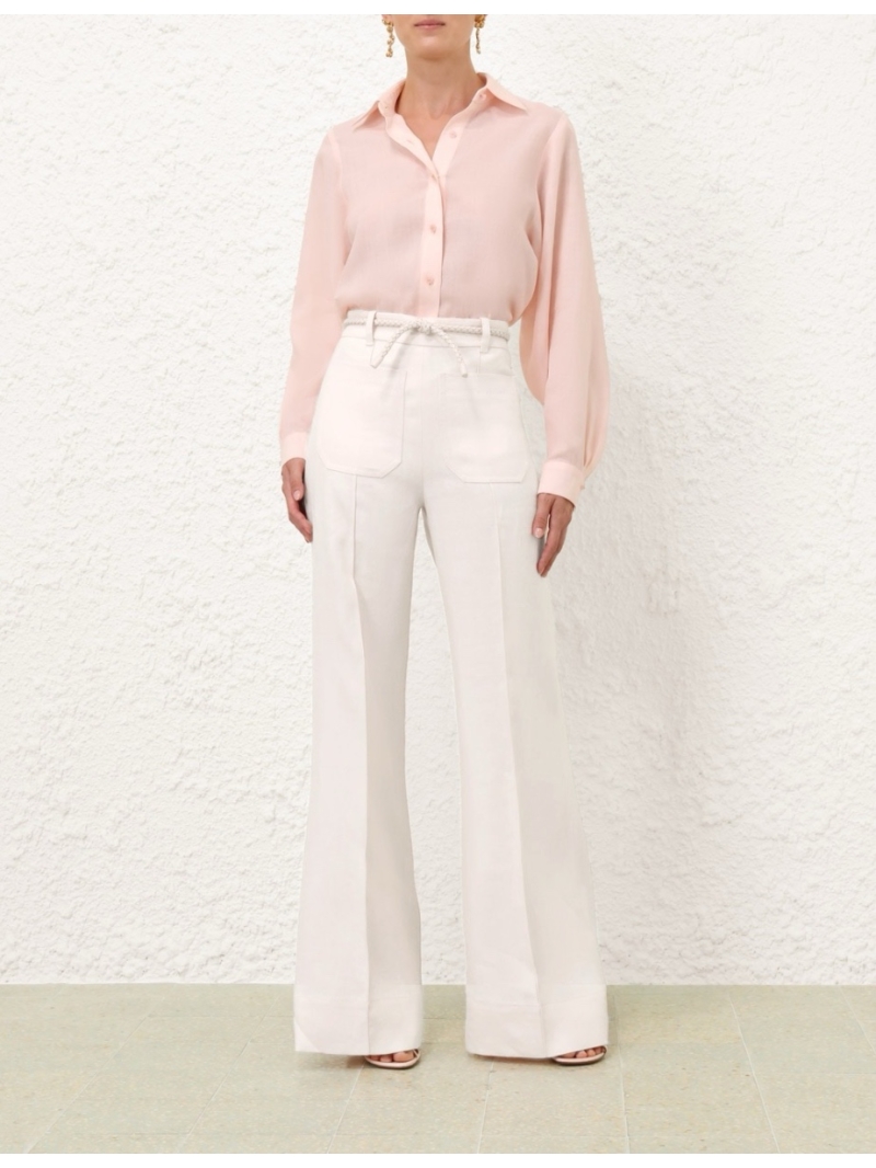 Zimmermann Resort 2025 High-Waisted Linen Wide-Leg Pants with Braided Belt White – French Elegance