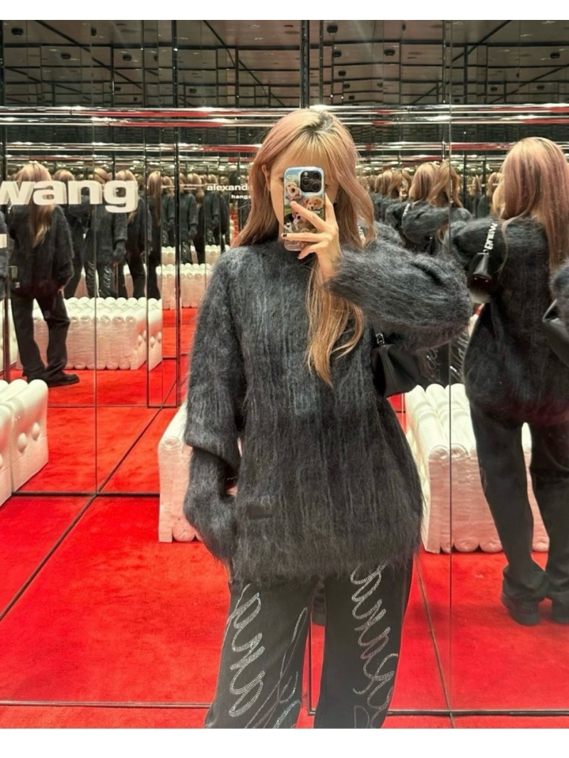 Alexander Wang 24 Unisex Oversized Mohair Jacquard Plaid Knit Sweater. Black and Grey