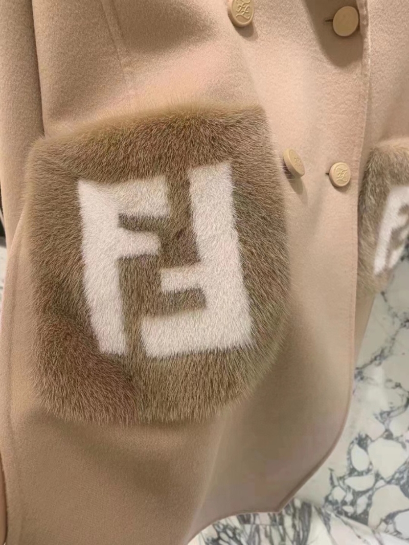 FENDI FF Reversible Cashmere Coat Poncho Mink Fur Pocket Khaki