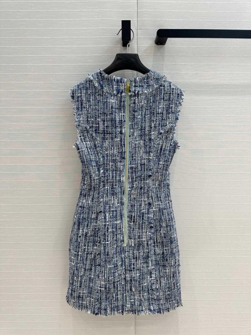 Balmain 2025 Early Spring Blue-White Tweed Heart-Neck Button Dress