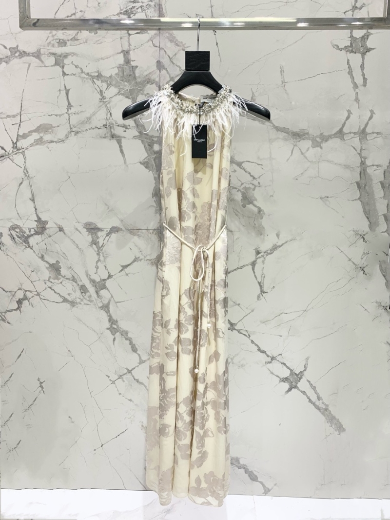 YSL Saint Laurent Ostrich Feather and Acetate Satin Cutout Dress Ivory