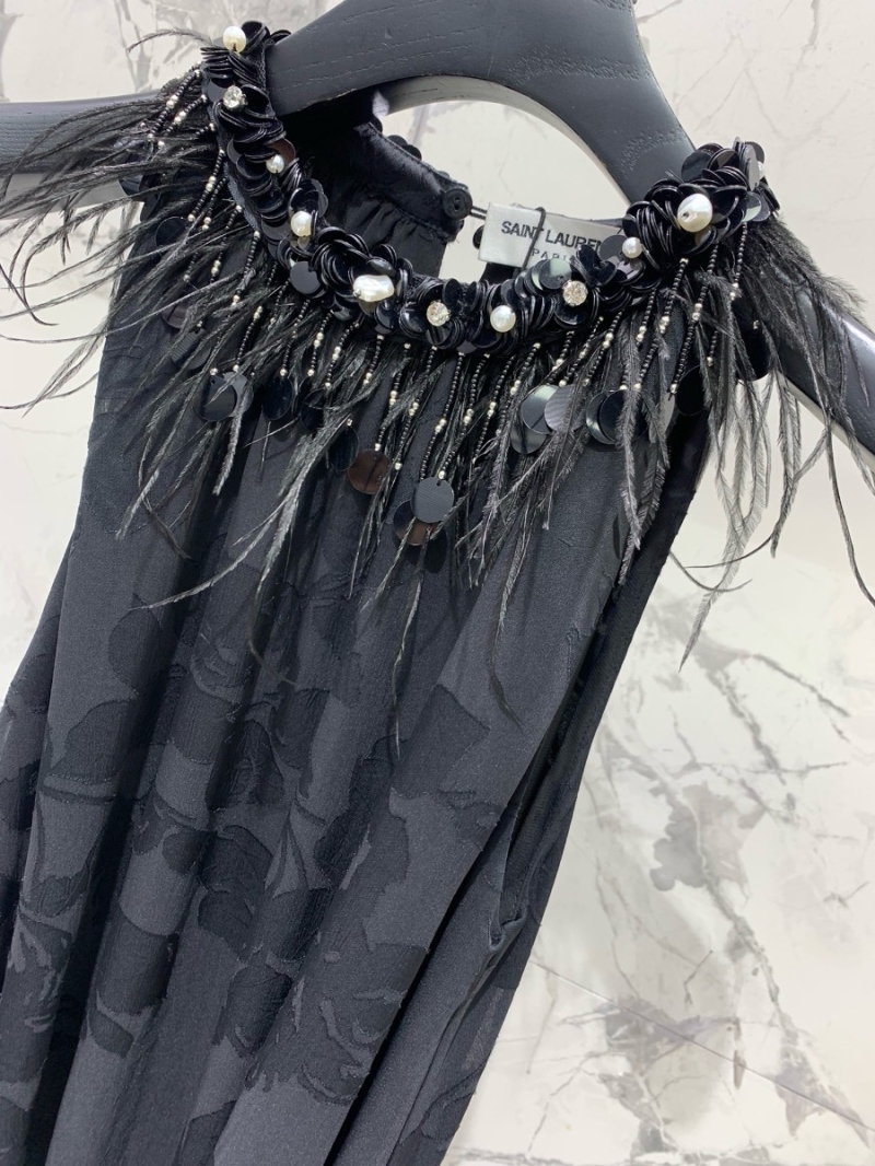 YSL Saint Laurent Ostrich Feather and Acetate Satin Cutout Dress