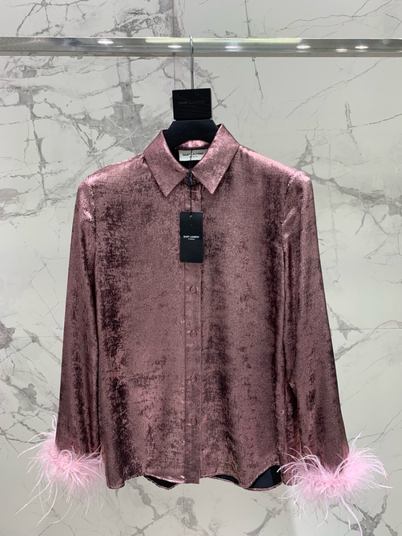 YSL Saint Laurent Matte Shine Ostrich Feather Shirt Pink