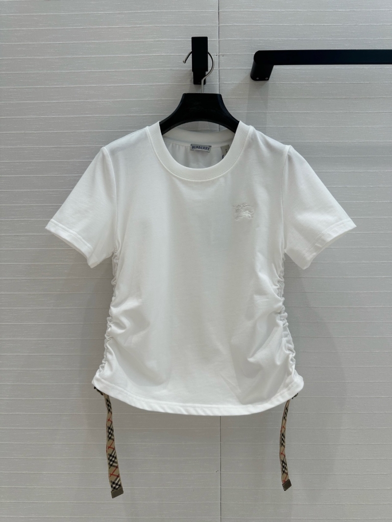 Burberry Spring/Summer 2025 Cotton T-Shirt with Check Trim and Adjustable Ruched Sides white