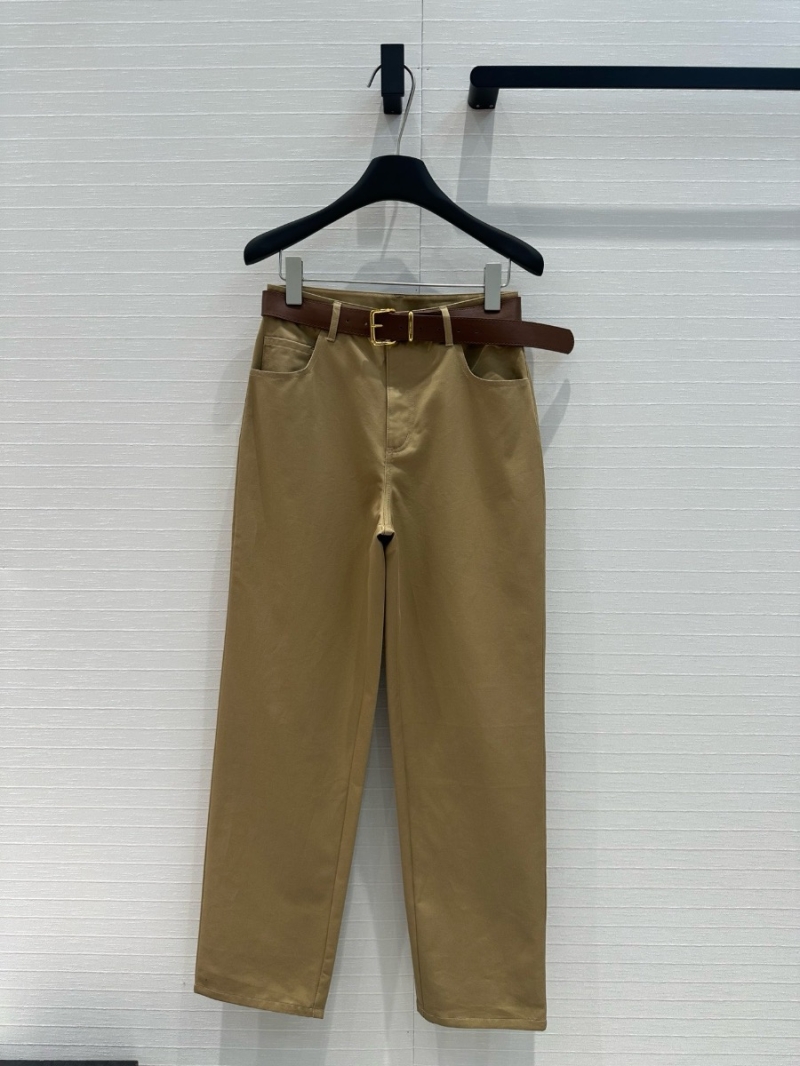 Miu Miu 24 Early Autumn Khaki Slim Straight Pants with Custom Gold Buckle Belt