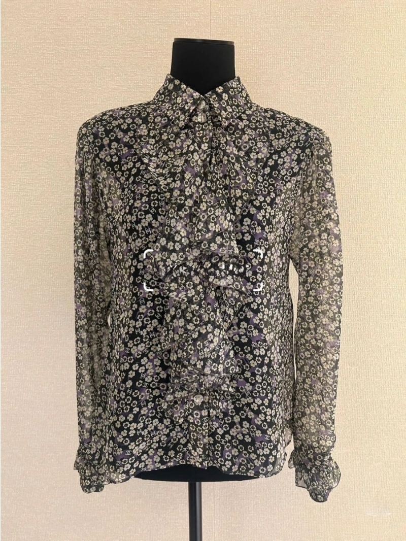 Chanel 25SS Coco Floral Silk Blouse Black – Elegant Ruffle Design