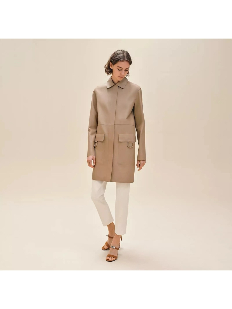 Hermes 24 Autumn/WinterLambskin  Leather Long Coat with Large Ring-Pocket Design Beige