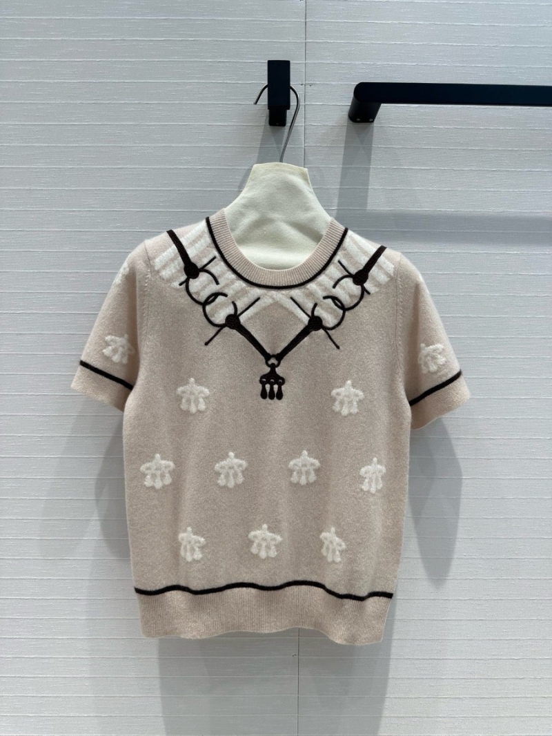 Hermes 24 Early Autumn Lock Ring Embroidery Cashmere Short Sleeve Knit Top Beige