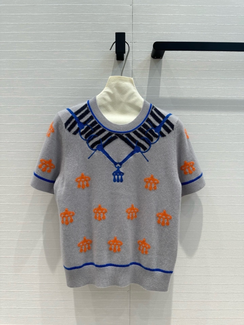 Hermes 24 Early Autumn Lock Ring Embroidery Cashmere Short Sleeve Knit Top Grey