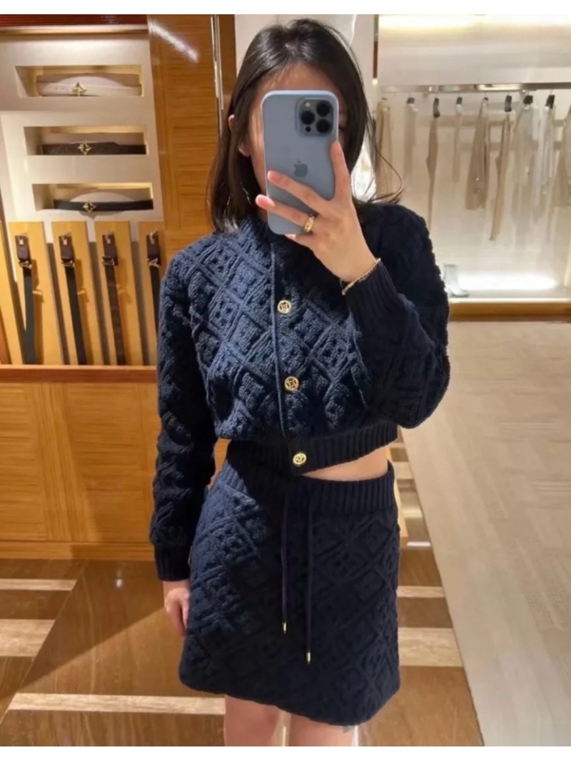 Louis Vuitton LV Limited Edition Monogram Jacquard Wool Set Cropped Cardigan with Mini Skirt Navy