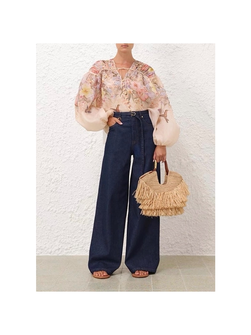 Zimmermann Spring/Summer 2025 Floral Bird Print Blouson Shirt with Camisole – Resort Elegance