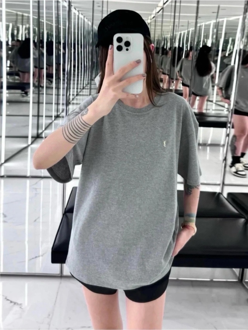 YSL Saint Laurent Embroidered Logo T-Shirt - Unisex Collection Grey
