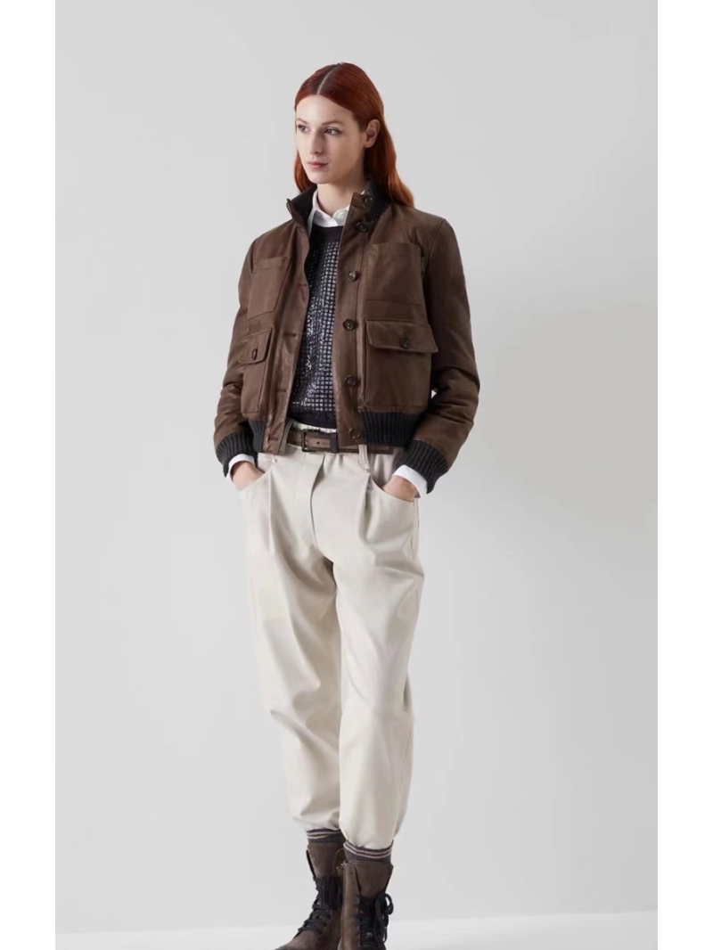 Brunello Cucinelli Camel Hair-Lined Leather Down Jacket