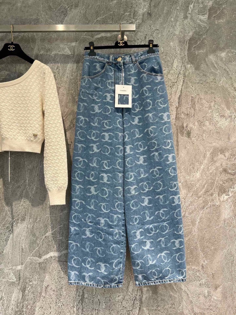 CHANEL Double C Printed Blue Wide-Leg Denim Jeans