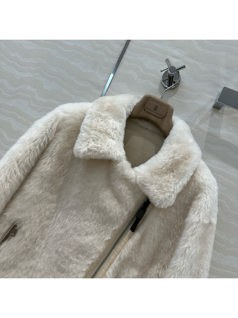 Brunello Cucinelli Spanish Merino Shearling Biker Jacket Cream