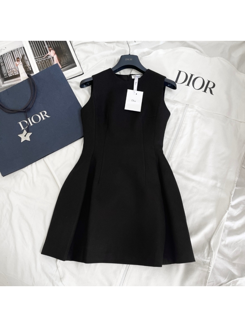 Dior New Waist-Cinched Floral Flared Sleeveless Dress Black