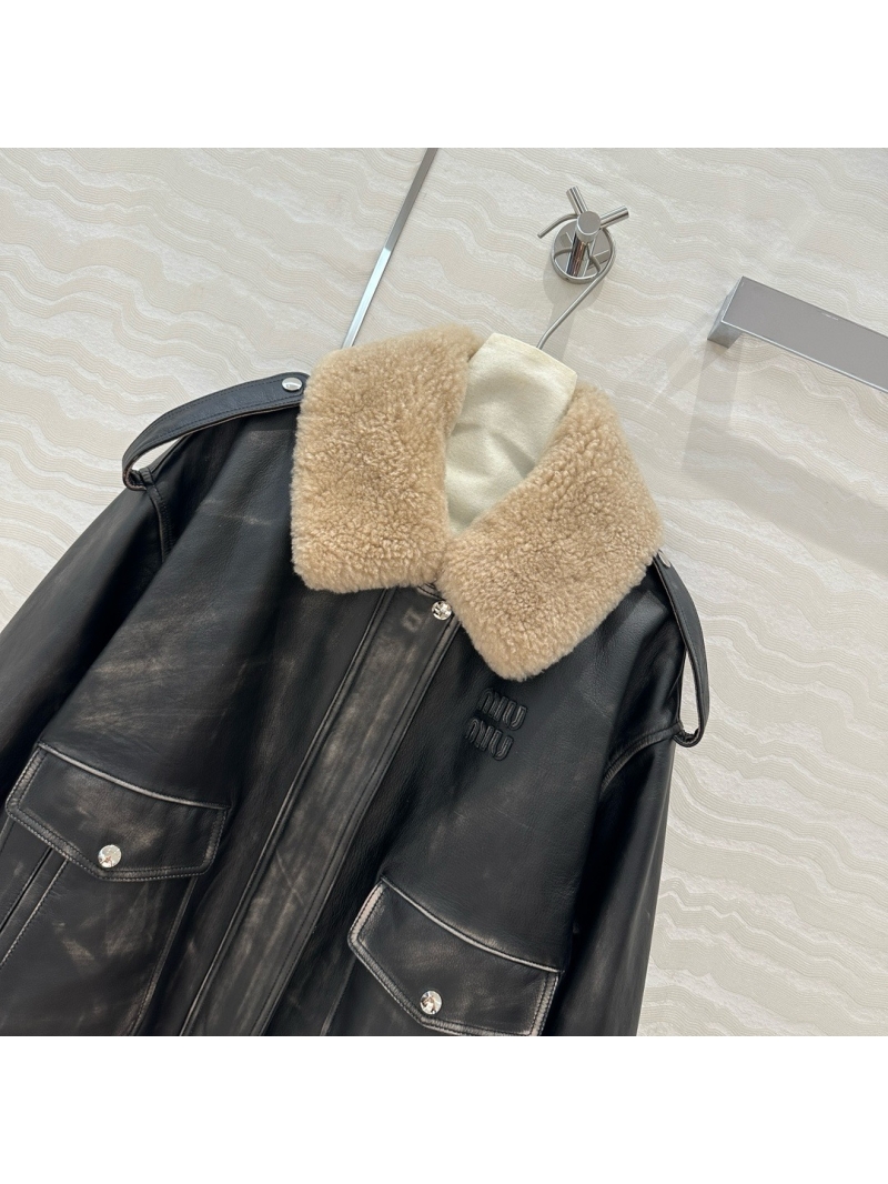 Miu Miu Teddy Shearling Collar Leather Jacket