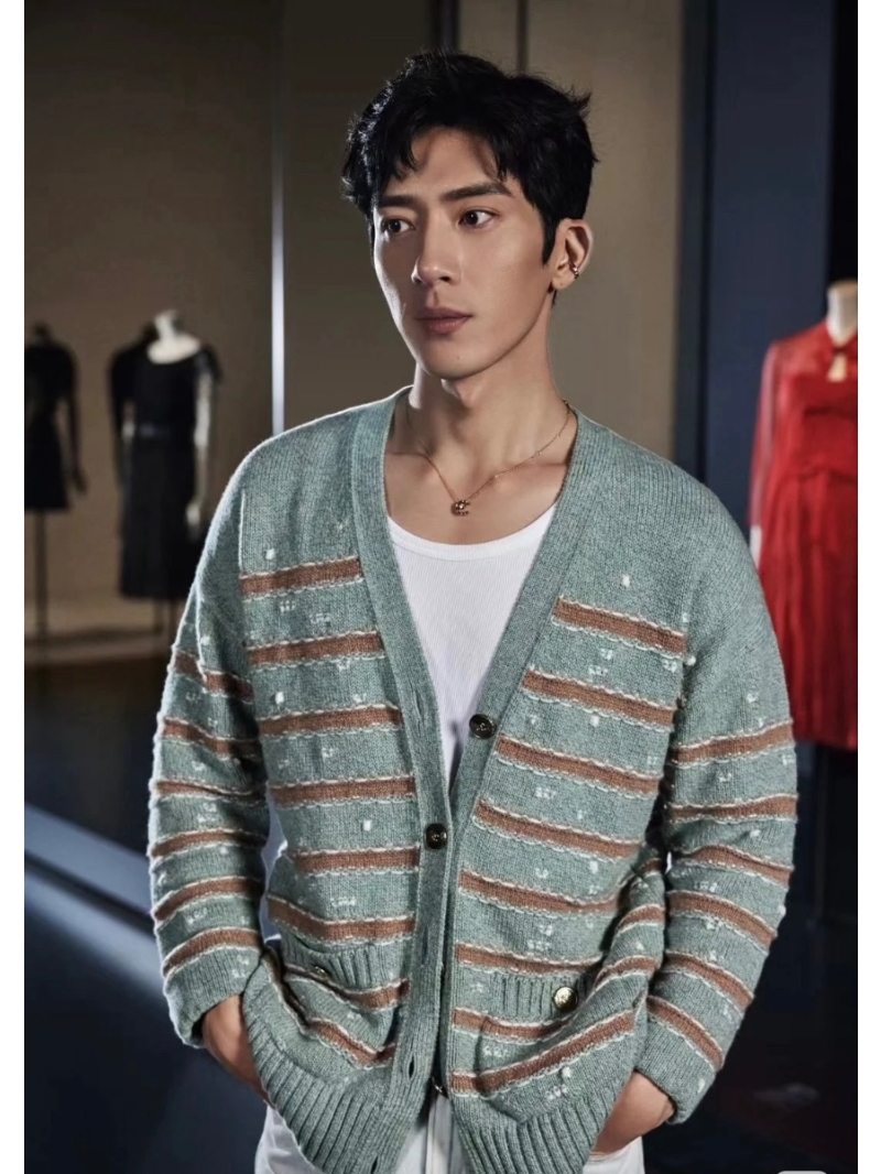 Chanel CC24k Duvivier Series Striped Cashmere Cardigan Light Blue