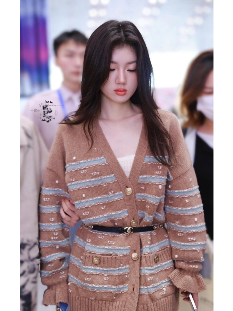 Chanel CC24k Duvivier Series Striped Cashmere Cardigan Camel