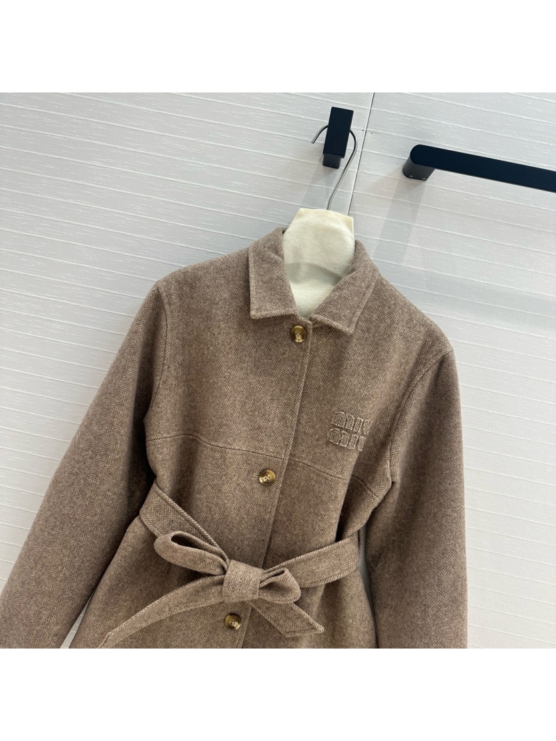 Miu Miu Herringbone Wool Tie-Waist Jacket