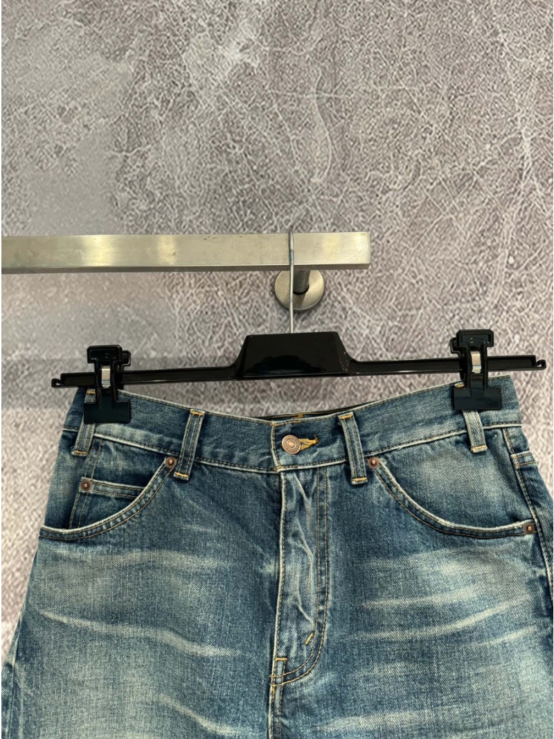 Celine Electric Sky Collection Distressed Washed Denim Shorts with Frayed Edges