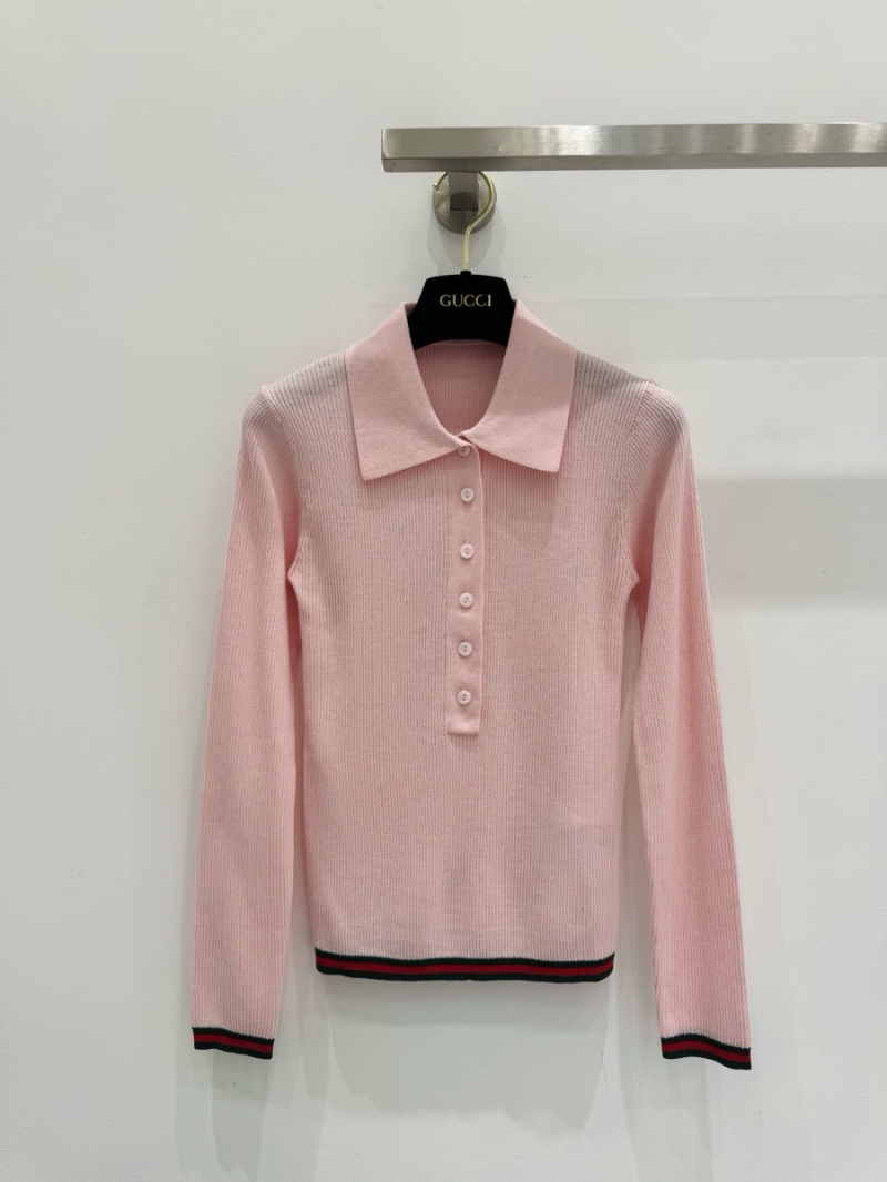 Gucci Spring 2025 Classic Collared Knit Top – Luxurious Cashmere and Silk Elegance Pink