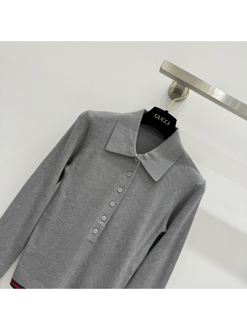 Gucci Spring 2025 Classic Collared Knit Top – Luxurious Cashmere and Silk Elegance Grey