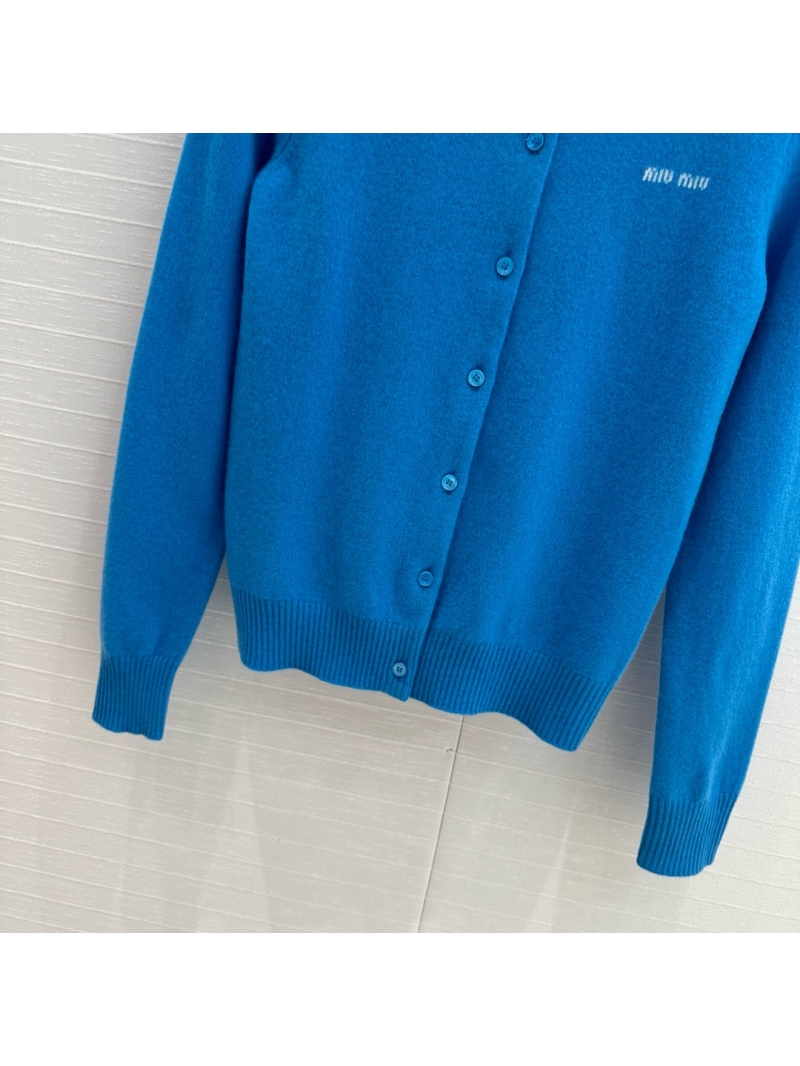 Miu Miu Early Fall New Collection Stylish Color-Block Letter Cashmere Cardigan Candy Blue